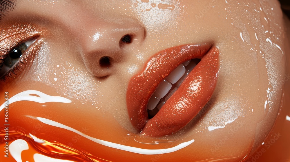 Fototapeta premium A bold editorial close-up featuring a model with wet-look luminous skin, sleek hair, rich bronze tones, and glossy lips
