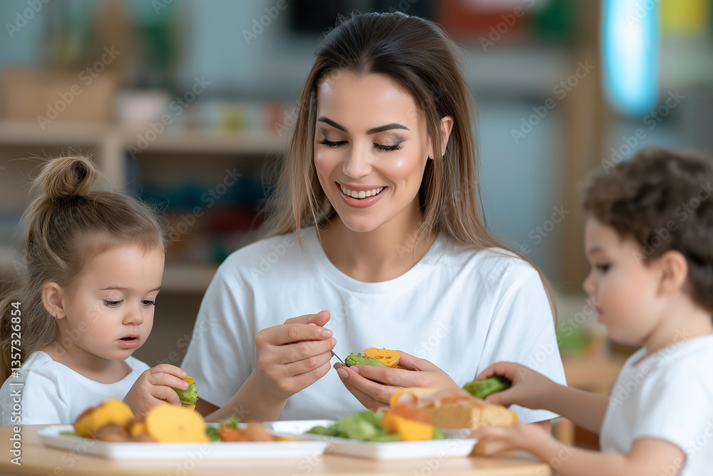 joyful woman enjoys meal with two young children in bright, cheerful environment. They share food, laughter, and moments of connection, creating warm atmosphere of togetherness joyful woman enjoys meal with two young children in bright, cheerful environment. They share food, laughter, and moments of connection, creating warm atmosphere of togetherness