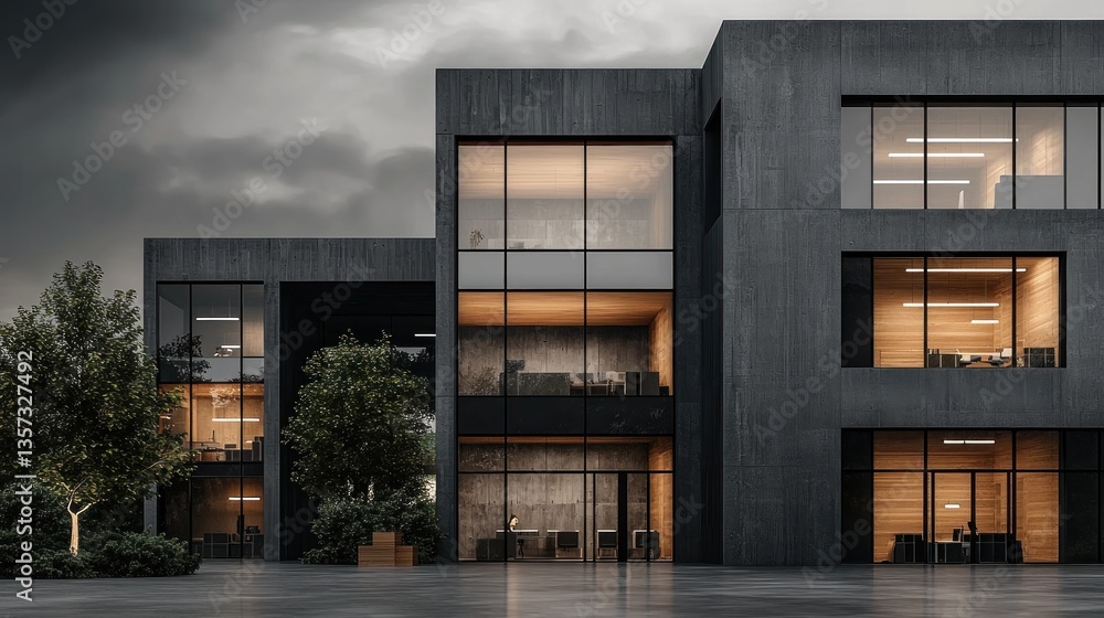 Modern office building facade at twilight, stormy sky, landscaping. Possible use Architecture, commercial Modern office building facade at twilight, stormy sky, landscaping. Possible use Architecture, commercial