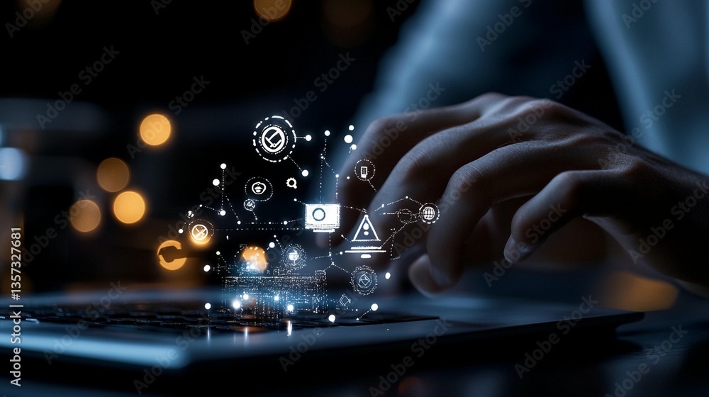 Person working on laptop, digital interface Person working on laptop, digital interface