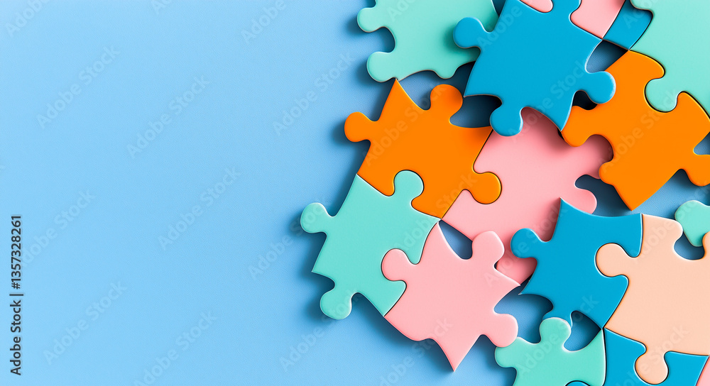 Obraz premium Colorful puzzle pieces scattered on light blue background create playful and vibrant atmosphere, inviting creativity and problem solving