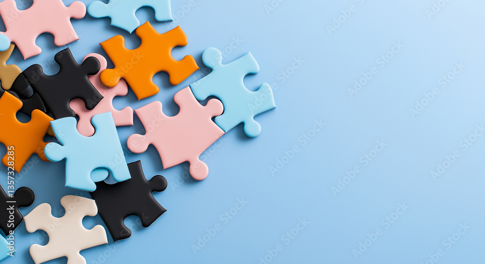 Colorful puzzle pieces scattered on light blue background create playful and engaging atmosphere, inviting creativity and problem solving Colorful puzzle pieces scattered on light blue background create playful and engaging atmosphere, inviting creativity and problem solving