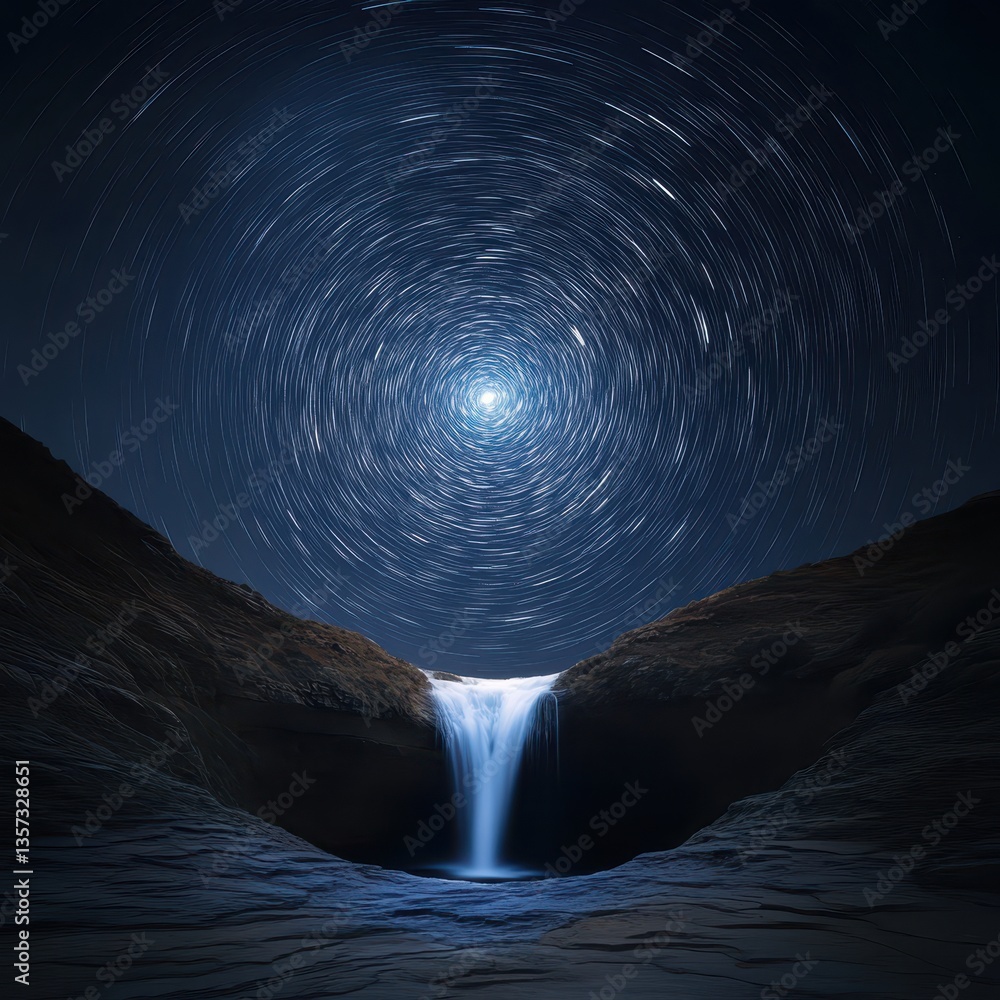 Fototapeta premium A surreal night landscape where a waterfall falls upwards toward the moon, stars spiraling around it like a vortex ar 16:9 v 6.1 q 2