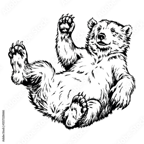 A bear is laying on its back with its paws in the air