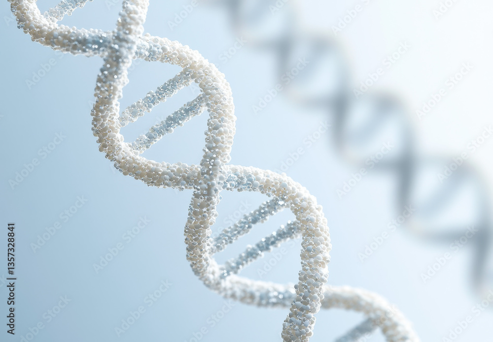 Focusing on a double helix DNA structure, the design illustrates how genetic information is organized and stored at a molecular level Focusing on a double helix DNA structure, the design illustrates how genetic information is organized and stored at a molecular level