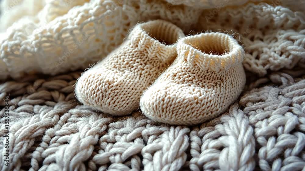 A pair of tiny baby booties resting on a soft knitted blanket A pair of tiny baby booties resting on a soft knitted blanket