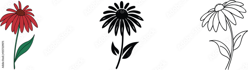 Coneflower Variations Red, Black, and Line Drawings of Flowers