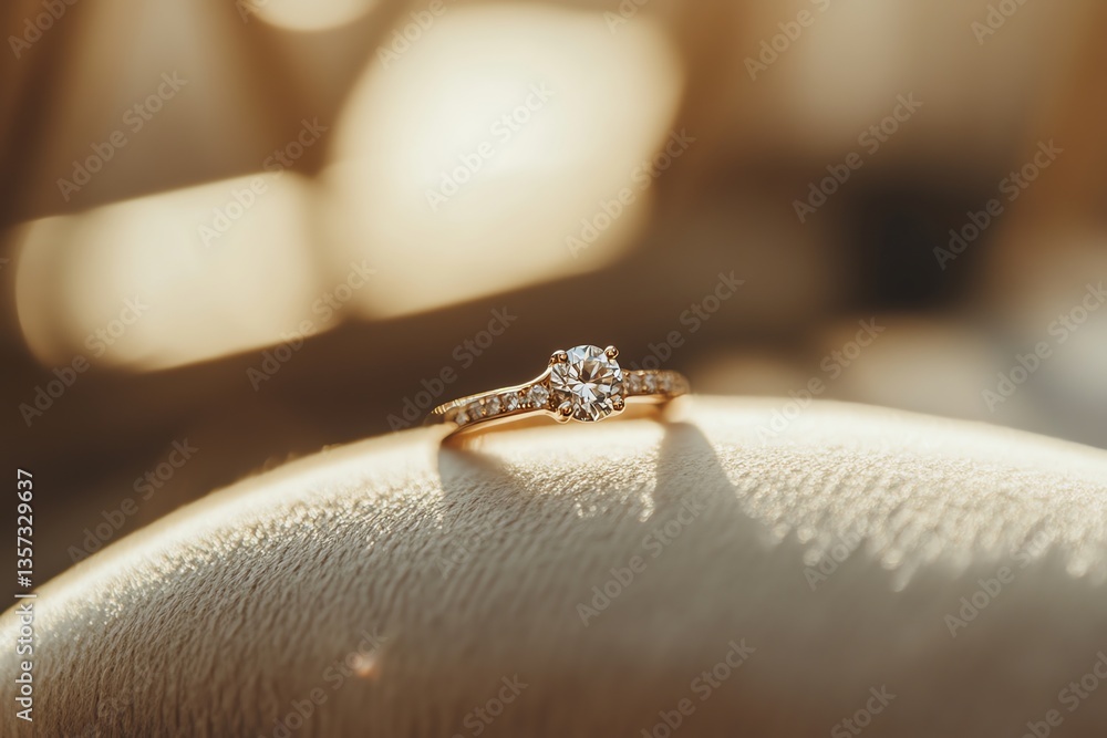 Obraz premium Engagement Ring with Diamond Resting on Creamy Fabric Close Up