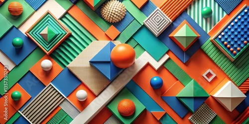 Abstract Geometric Shapes Composition Featuring Vibrant Hues and Textured Surfaces