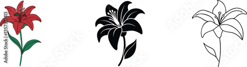 Lily Flower Variations Red, Black, and Line Art Designs