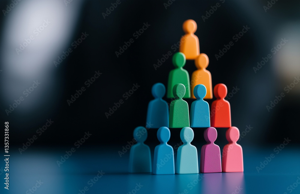 Colorful human figures arranged in pyramid shape symbolize teamwork and collaboration. This vibrant representation highlights importance of organization and unity in achieving goals Colorful human figures arranged in pyramid shape symbolize teamwork and collaboration. This vibrant representation highlights importance of organization and unity in achieving goals