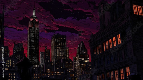 Night cityscape, skyscraper, dramatic sky, city lights, urban background, ideal for film noir