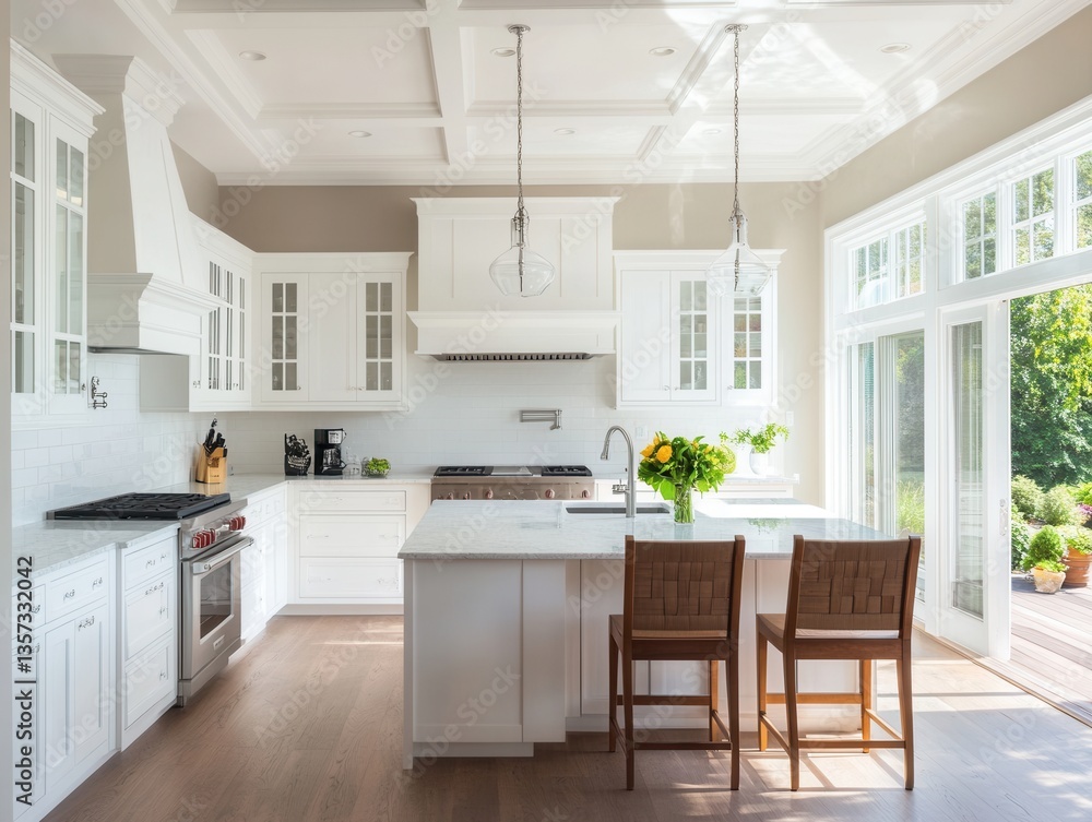 Fototapeta premium Modern kitchen interior with white cabinetry, minimalist design and natural backlighting