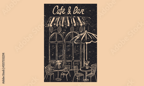 Black and white hand sketch. Street cafe abstract art design. Best food in Europe. Street cafe graphic print design for t shirt, apparel, posters, background and others.