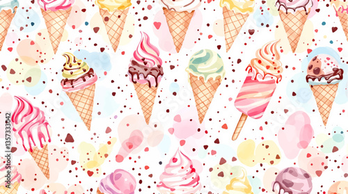 Watercolor pattern ice cream white background