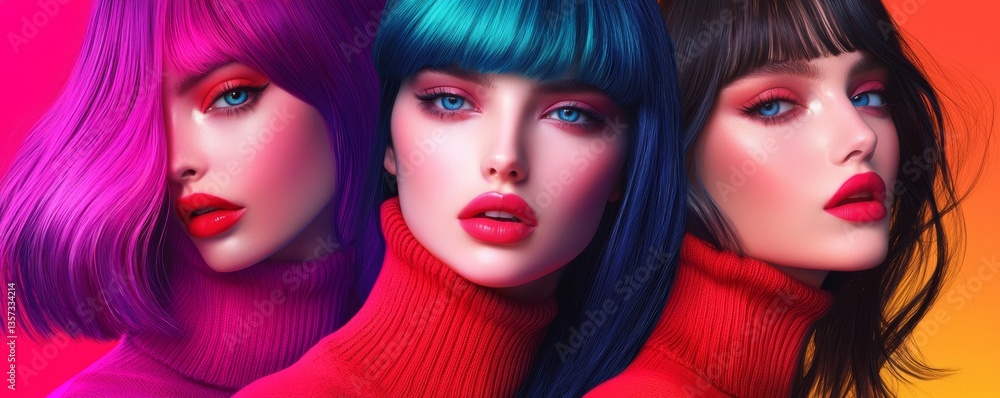 Obraz premium Artistic portrait of three fashionable women, their glossy hair reflecting vibrant hues, complemented by turtleneck sweaters