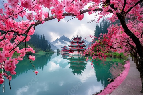 Wallpaper Mural Spring calming banner, branches of blossoming cherry sakura and pagoda temple on foggy lake Torontodigital.ca