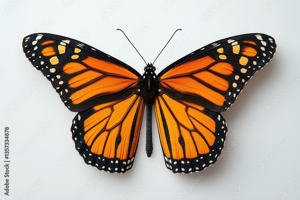 Fototapeta premium Vibrant Monarch Butterfly: Elegant Orange and Black Wings in Nature's Wildlife Ecosystem - A Close-Up Macro Visualization of Lepidoptera Beauty and Environmental Entomology