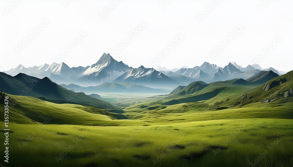 Fototapeta premium vast empty summer spring landscape with mountain range in the distant horizon isolated white background green grass and hills