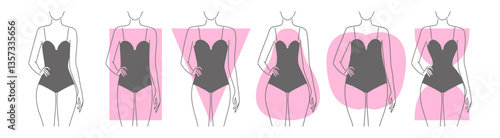 Five types of women s body shapes hourglass, pear, rectangle, apple, and inverted triangle. Female figures template for fashion, beauty, clothing, and fitness use. Vector line sketch illustration