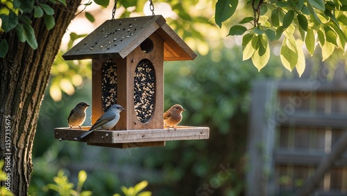  Wooden bird feeder hanging from a tree, rustic backyard setting, soft natural lighting, green foliage in the background, birds perched on the feeder