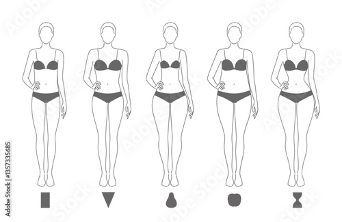 Five types of women s body shapes hourglass, pear, rectangle, apple, and inverted triangle. Female figures template for fashion, beauty, clothing, and fitness use. Vector line sketch illustration