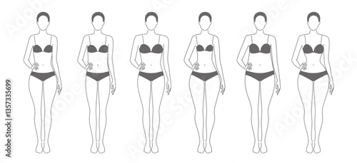 Five types of women s body shapes hourglass, pear, rectangle, apple, and inverted triangle. Female figures template for fashion, beauty, clothing, and fitness use. Vector line sketch illustration