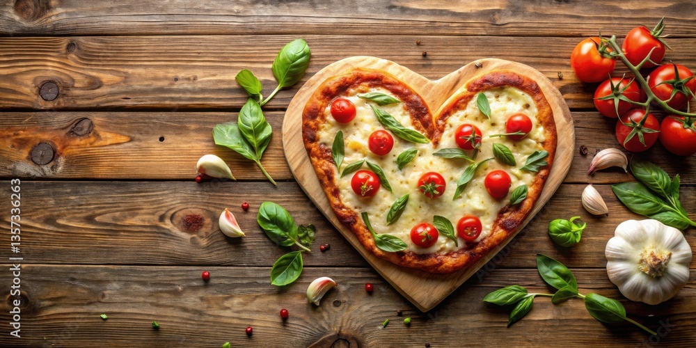 Heart-shaped pizza with fresh basil and cherry tomatoes on rustic wooden surface Heart-shaped pizza with fresh basil and cherry tomatoes on rustic wooden surface
