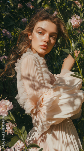 A high-fashion professional photoshoot capturing the essence of Spring 2025 trends. Outdoors photoshoot with a model with a bright skin
