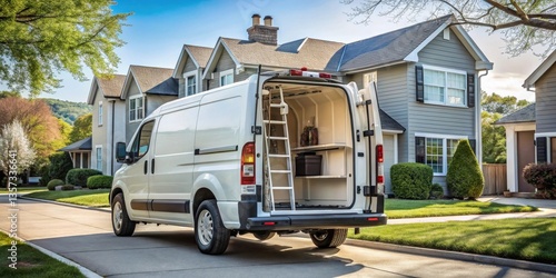 A well-organized cargo van parked on a residential street, ready for work