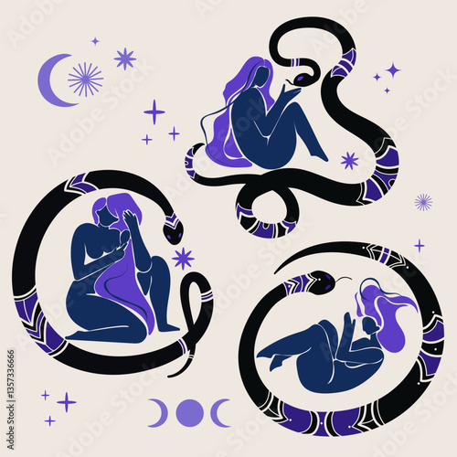 Mystical abstract women with snakes in different poses stars and moon symbols in boho cosmic style ideal for spiritual art tarot designs astrology posters and alternative fashion.Vector illustration