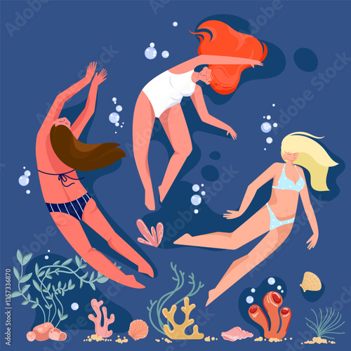 Women swimming underwater in the ocean with corals and shells. Vector illustration in modern style. Summer vacation concept.Relaxed Women Underwater with Sea Plants summer posters travel ads beach