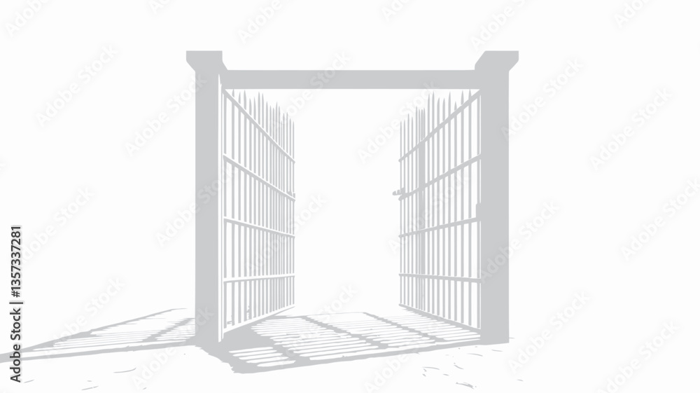 A 3D rendering depicts a simple, white gate with vertical bars, slightly ajar, opening onto a white, empty space. The gate has square posts at each side and a horizontal beam at the top. Soft A 3D rendering depicts a simple, white gate with vertical bars, slightly ajar, opening onto a white, empty space. The gate has square posts at each side and a horizontal beam at the top. Soft