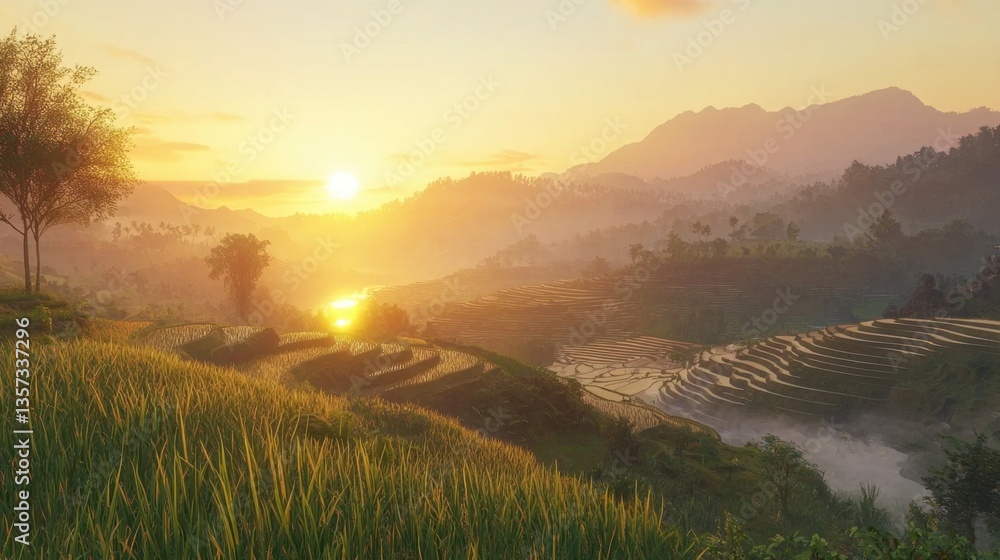 Obraz premium Golden Sunrise Over Verdant Terraced Fields: A breathtaking landscape with lush greenery and a serene atmosphere.