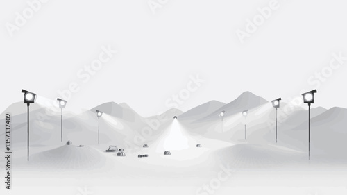 The image is a monochrome photograph or digital rendering depicting a winter landscape.  The color palette is limited to shades of white and grey.  The scene features a series of streetlights