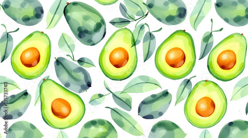 Watercolor Avocado on white background seamless pattern
