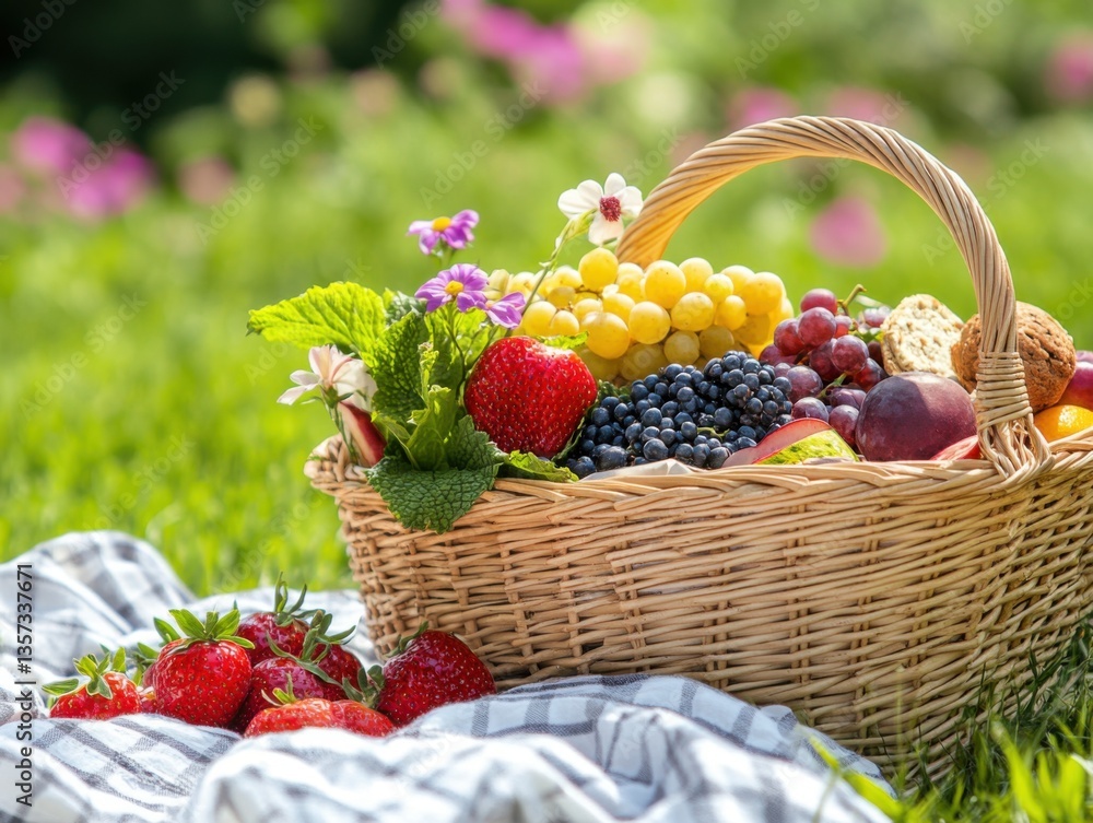Picnic basket with summer treats and space for text on right Picnic basket with summer treats and space for text on right