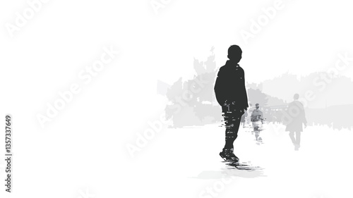 The image is a monochrome photograph depicting a single, dark silhouette of a person standing in a foggy or misty landscape.  The figure is sharply defined against a bright, washed-out background.