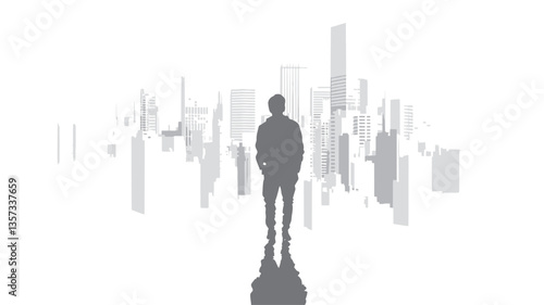 The image is a monochrome, minimalist depiction of a male silhouette walking away from the viewer towards a blurred cityscape. The background features a desaturated, out-of-focus urban environment