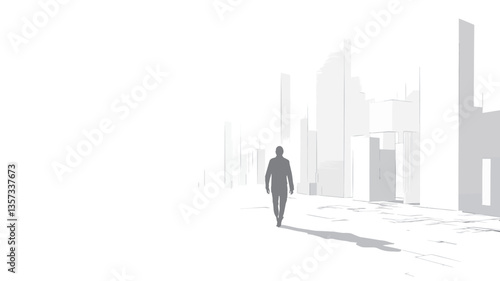The image is a monochrome, desaturated photograph depicting a single male figure walking away from the viewer towards a series of indistinct, hazy buildings. The overall color palette is muted,