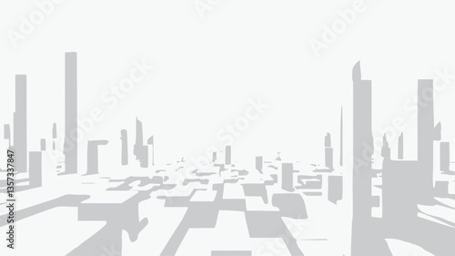 The image presents a minimalist grayscale rendering of an abstract cityscape.  The scene is composed of various rectangular shapes of varying heights, suggesting buildings, arranged in a
