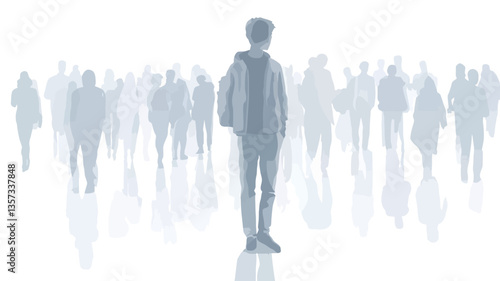 The image shows a single, sharply defined young person with a backpack standing in the center of a large crowd of indistinct, blurred figures. The background is pure white.  The color palette is
