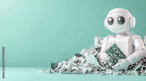 E-Waste Recycling System Concept, A robot surrounded by electronic waste on a mint green background. photo