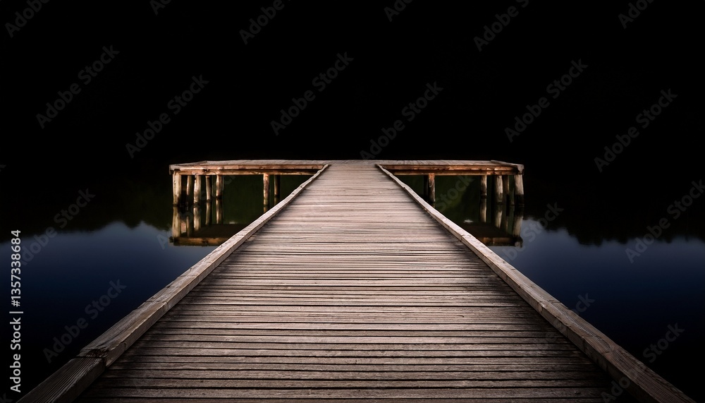 Obraz premium wooden pier extending into the calm water against a black background showcasing tranquility and serenity in nature s simplicity