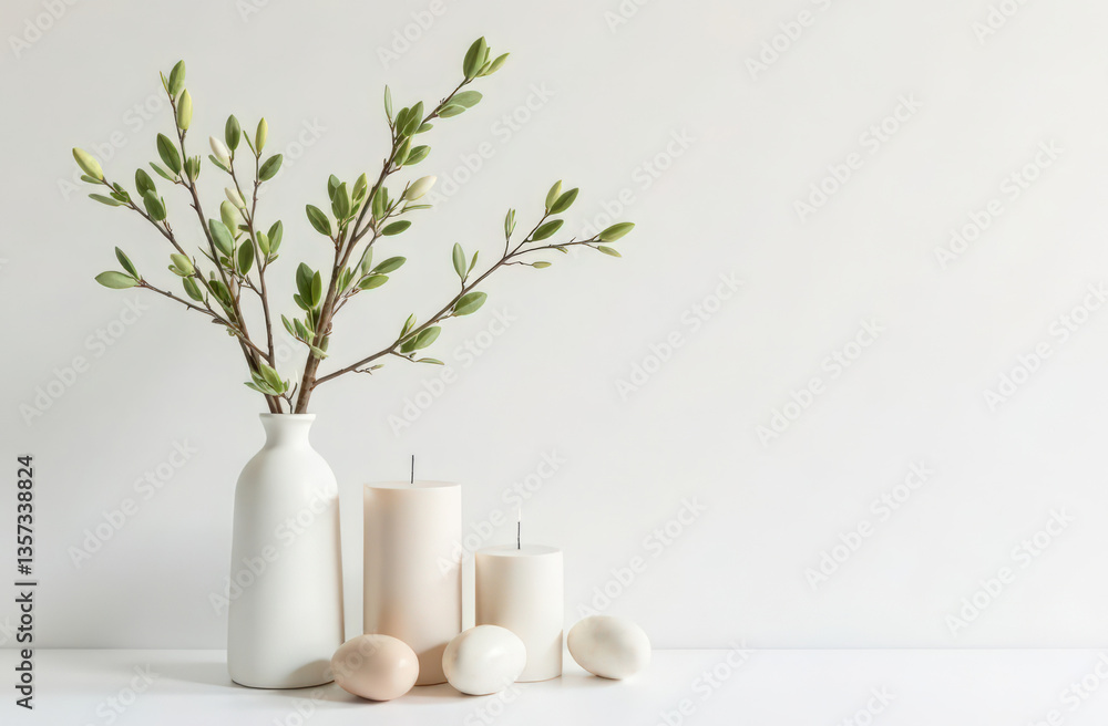 Modern minimalist Easter decor: simple ceramic vases with green branches, pastel marble eggs and neutral candles on a white background. High quality photo Modern minimalist Easter decor: simple ceramic vases with green branches, pastel marble eggs and neutral candles on a white background. High quality photo