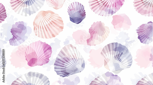 Watercolor pink shells on the white background
