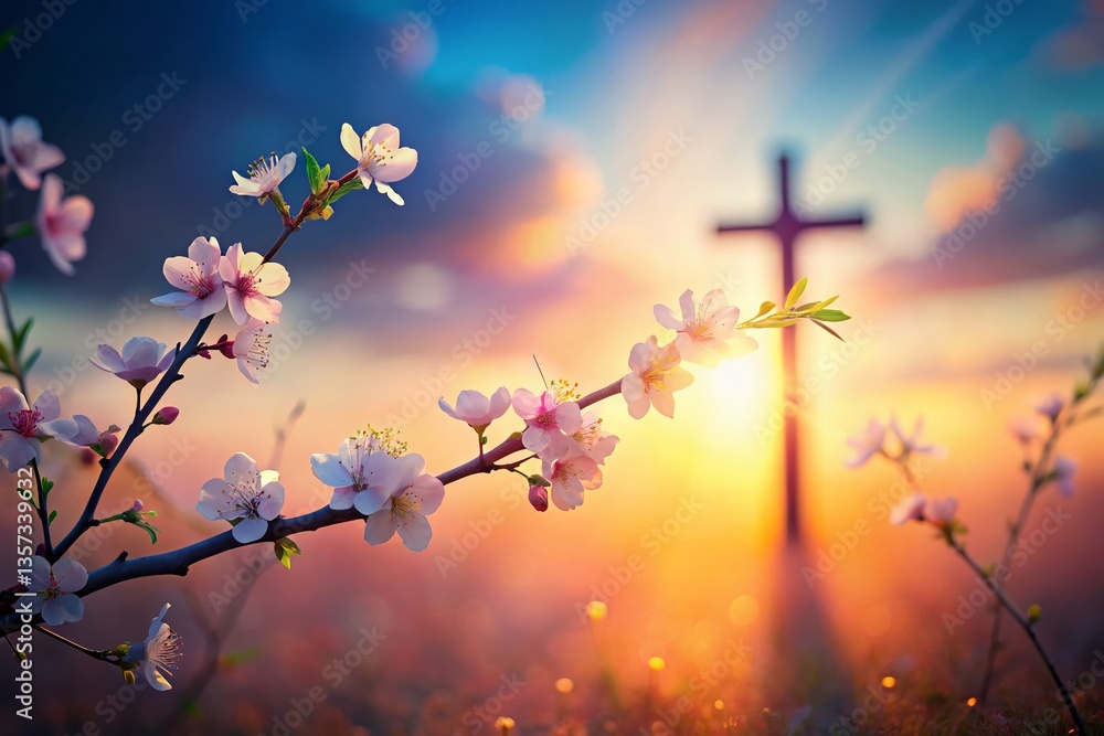 Serene Easter Sunrise: Pastel Colors, Cross Silhouette, Spring Blossoms Serene Easter Sunrise: Pastel Colors, Cross Silhouette, Spring Blossoms