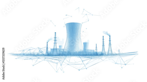A stylized illustration depicting an industrial complex, possibly a power plant or factory, rendered in shades of light blue against a white background.  The illustration is abstract, using