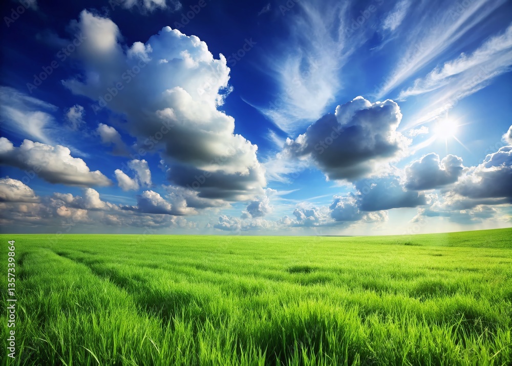 Serene Green Grass Meadow Under Vast Blue Sky - Nature Landscape Stock Photo Serene Green Grass Meadow Under Vast Blue Sky - Nature Landscape Stock Photo