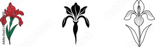 Three Iris Flower Designs Red, Black, and Line Art Styles